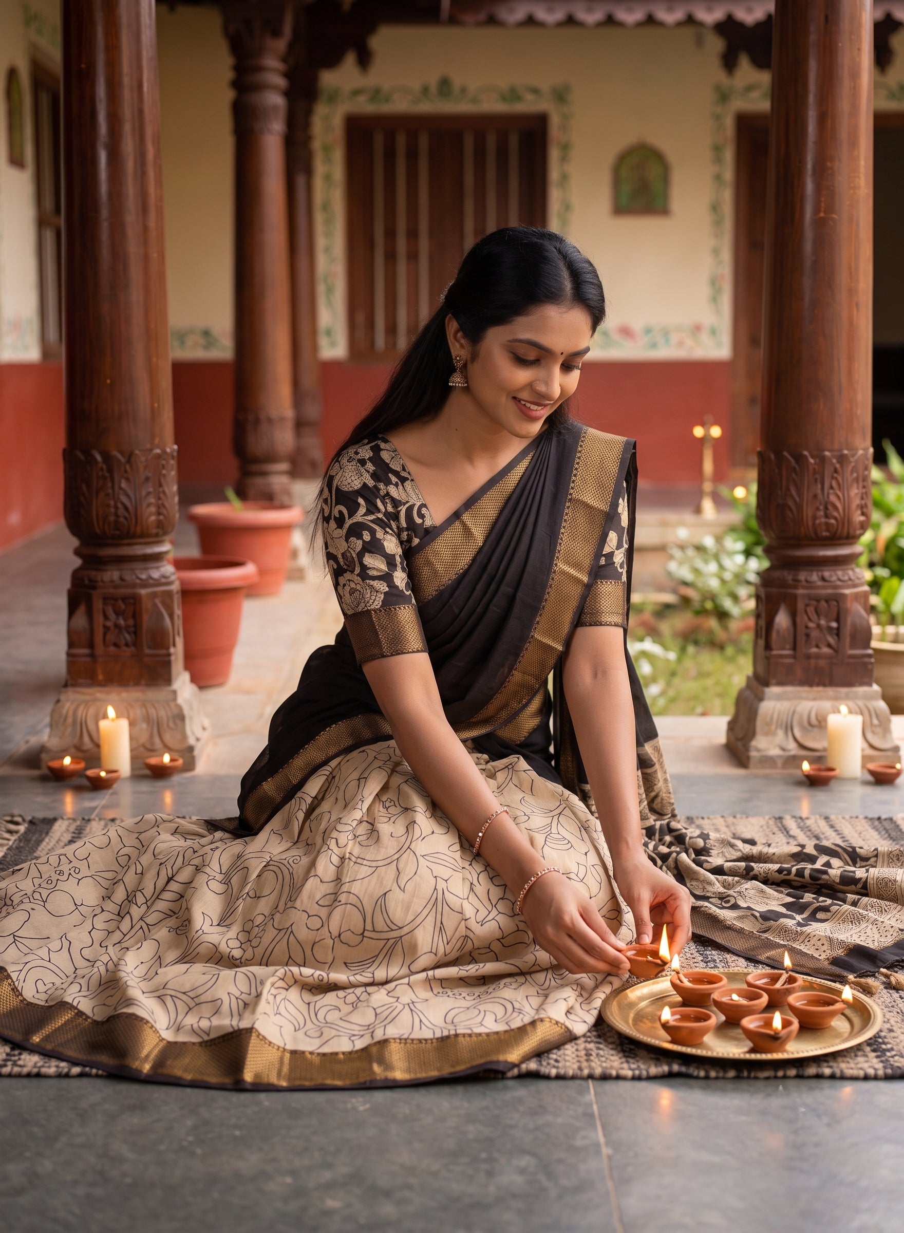 Kalamkari Silk Unstitched Lehenga Fabric 3pcs Set - black