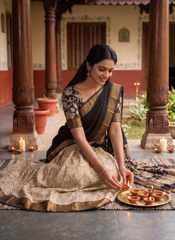 Kalamkari Silk Unstitched Lehenga Fabric 3pcs Set - black