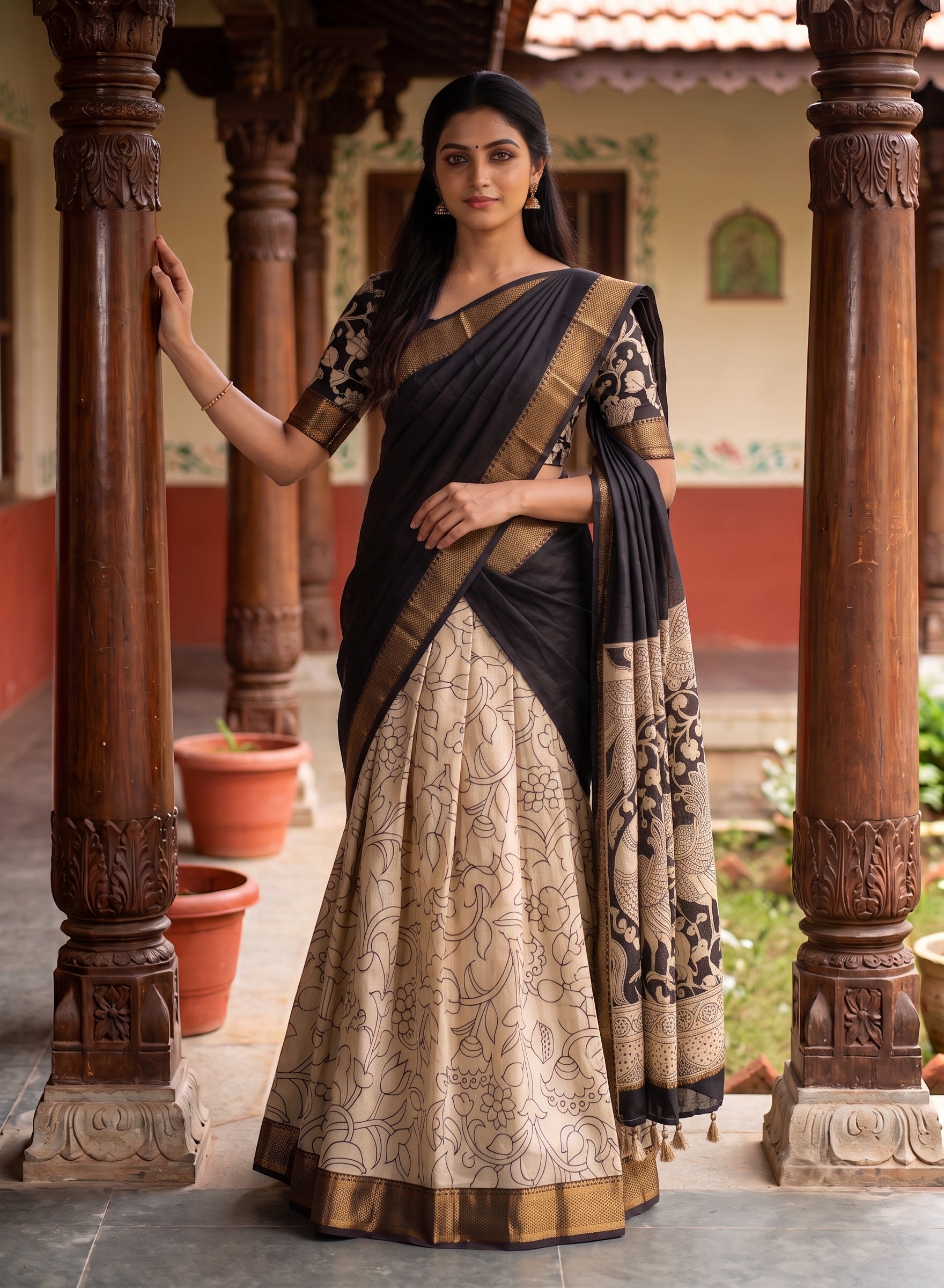 Kalamkari Silk Unstitched Lehenga Fabric 3pcs Set - black