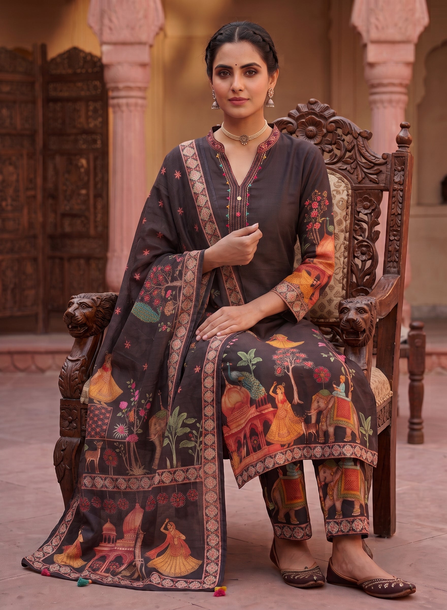 Black Rajasthani art print suit - set of 3
