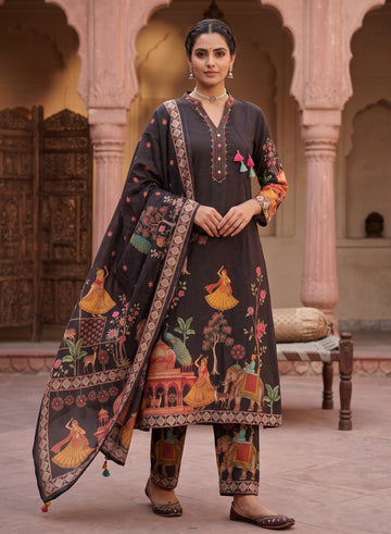 Black Rajasthani art print suit - set of 3