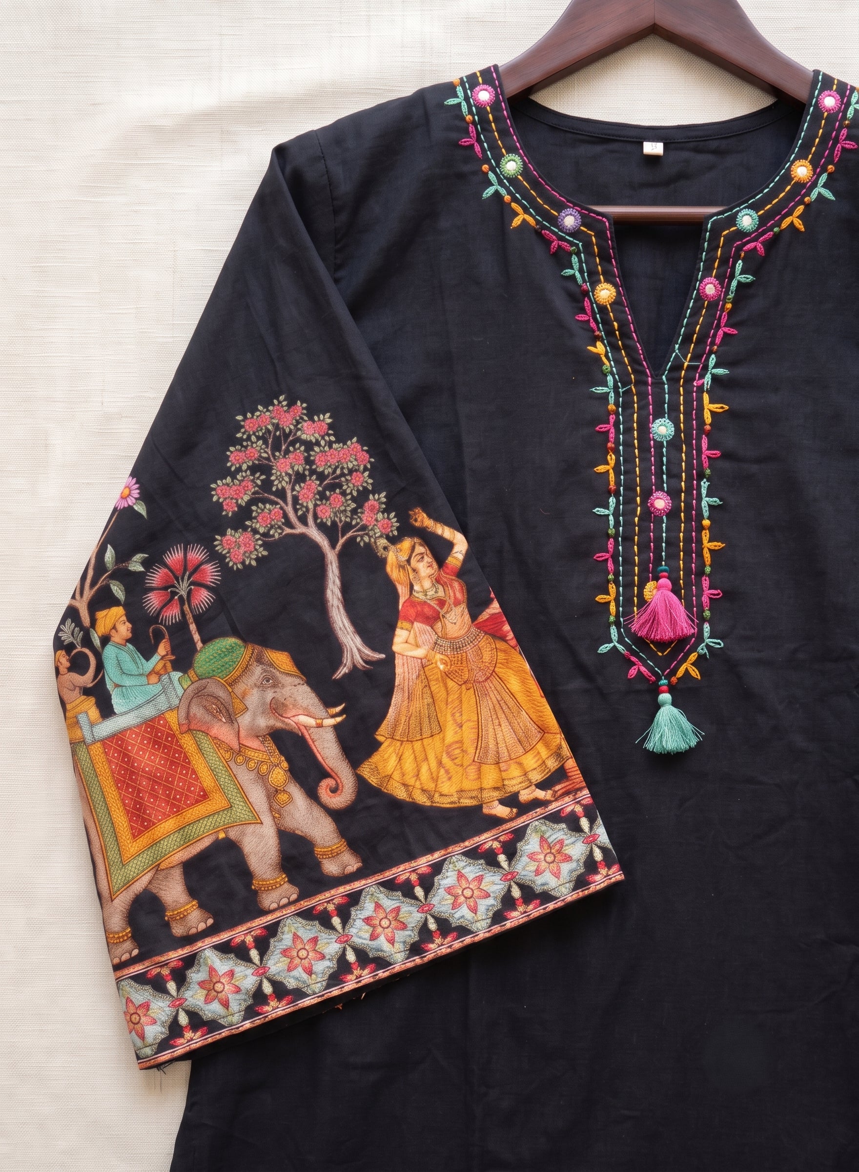 Black Rajasthani art print suit - set of 3