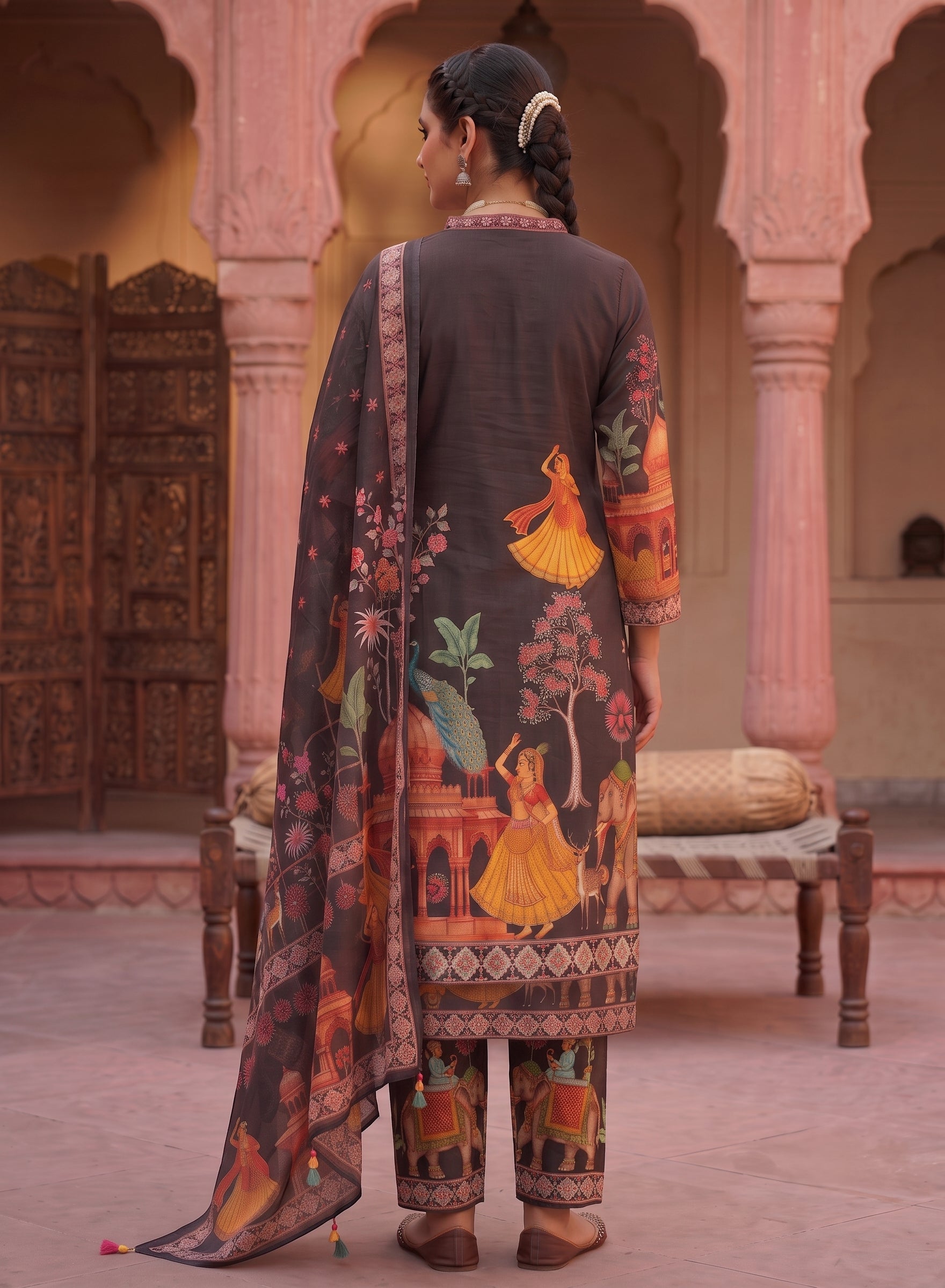Black Rajasthani art print suit - set of 3