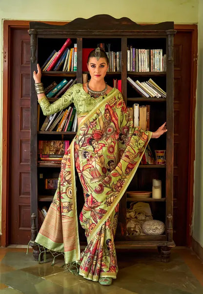 Kalamkari Digital Printed Semi Chanderi Silk Saree - Charusheela
