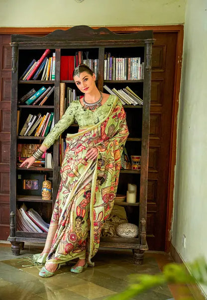 Kalamkari Digital Printed Semi Chanderi Silk Saree - Charusheela