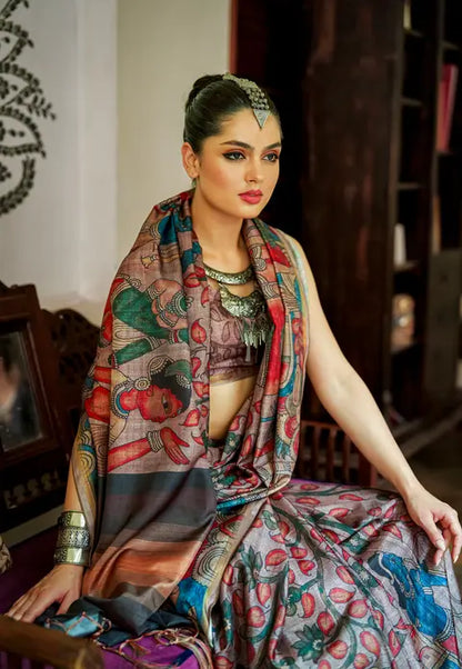 Kalamkari Digital Printed Semi Chanderi Silk Saree - Chitrapata