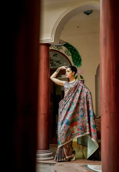 Kalamkari Digital Printed Semi Chanderi Silk Saree - Chitrapata