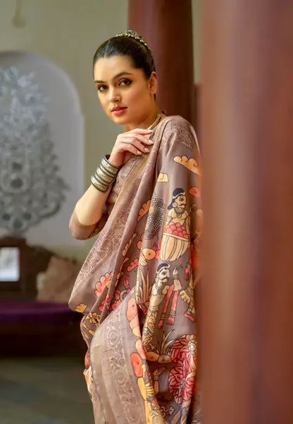 Kalamkari Digital Printed Semi Chanderi Silk Saree - Chaitramala