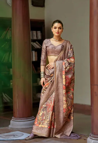 Kalamkari Digital Printed Semi Chanderi Silk Saree - Chaitramala