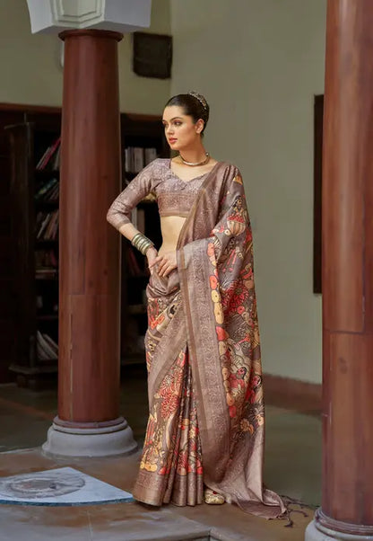 Kalamkari Digital Printed Semi Chanderi Silk Saree - Chaitramala