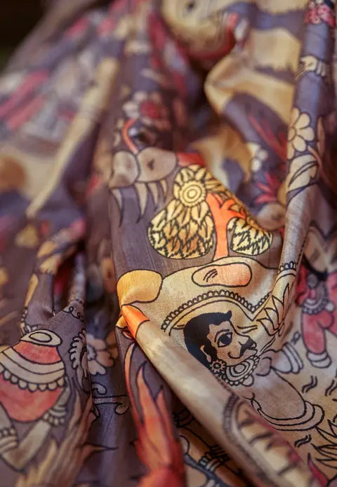Kalamkari Digital Printed Semi Chanderi Silk Saree - Chaitramala