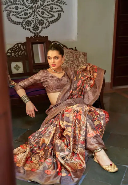 Kalamkari Digital Printed Semi Chanderi Silk Saree - Chaitramala