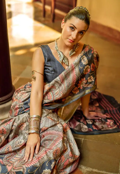 Kalamkari Digital Printed Semi Chanderi Silk Saree - Champa