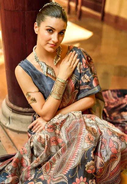 Kalamkari Digital Printed Semi Chanderi Silk Saree - Champa