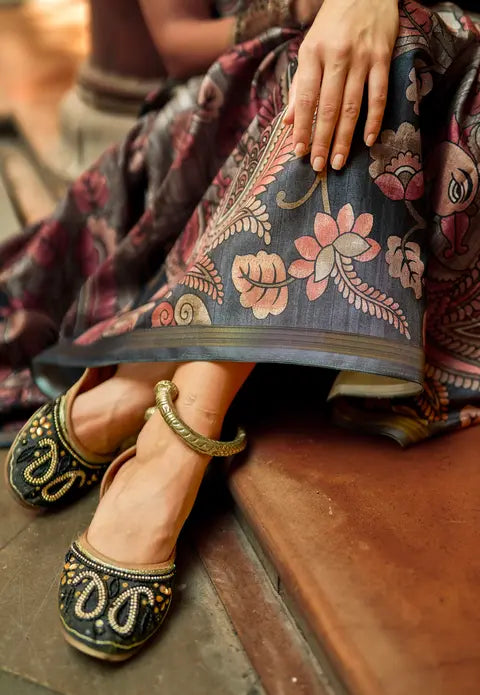 Kalamkari Digital Printed Semi Chanderi Silk Saree - Champa