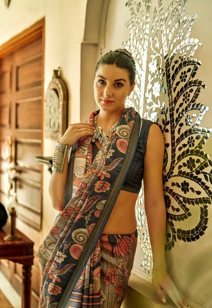 Kalamkari Digital Printed Semi Chanderi Silk Saree - Champa