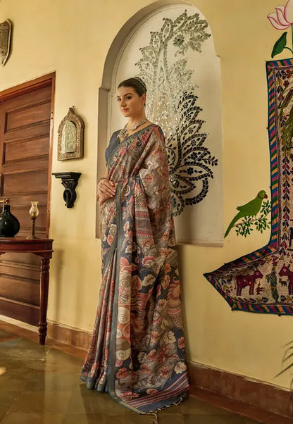 Kalamkari Digital Printed Semi Chanderi Silk Saree - Champa