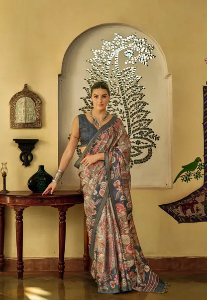 Kalamkari Digital Printed Semi Chanderi Silk Saree - Champa