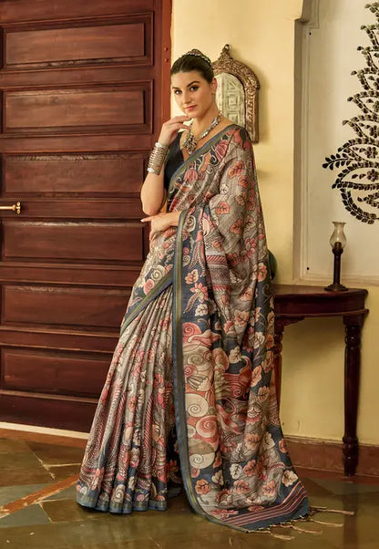 Kalamkari Digital Printed Semi Chanderi Silk Saree - Champa