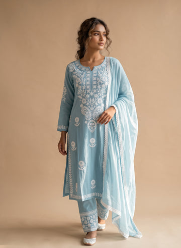 Dusty Aqua Cotton Suit with Dupatta-Set of 3