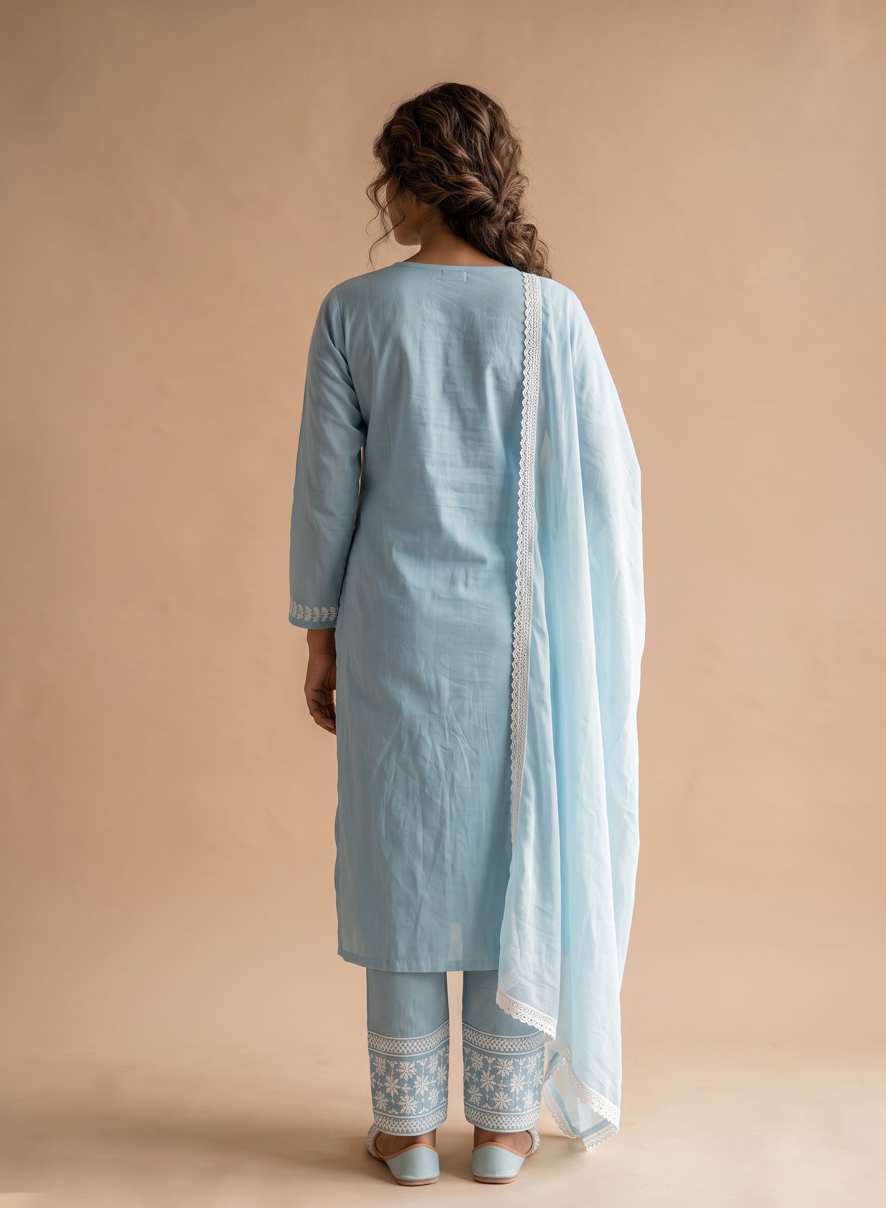 Dusty Aqua Cotton Suit with Dupatta-Set of 3
