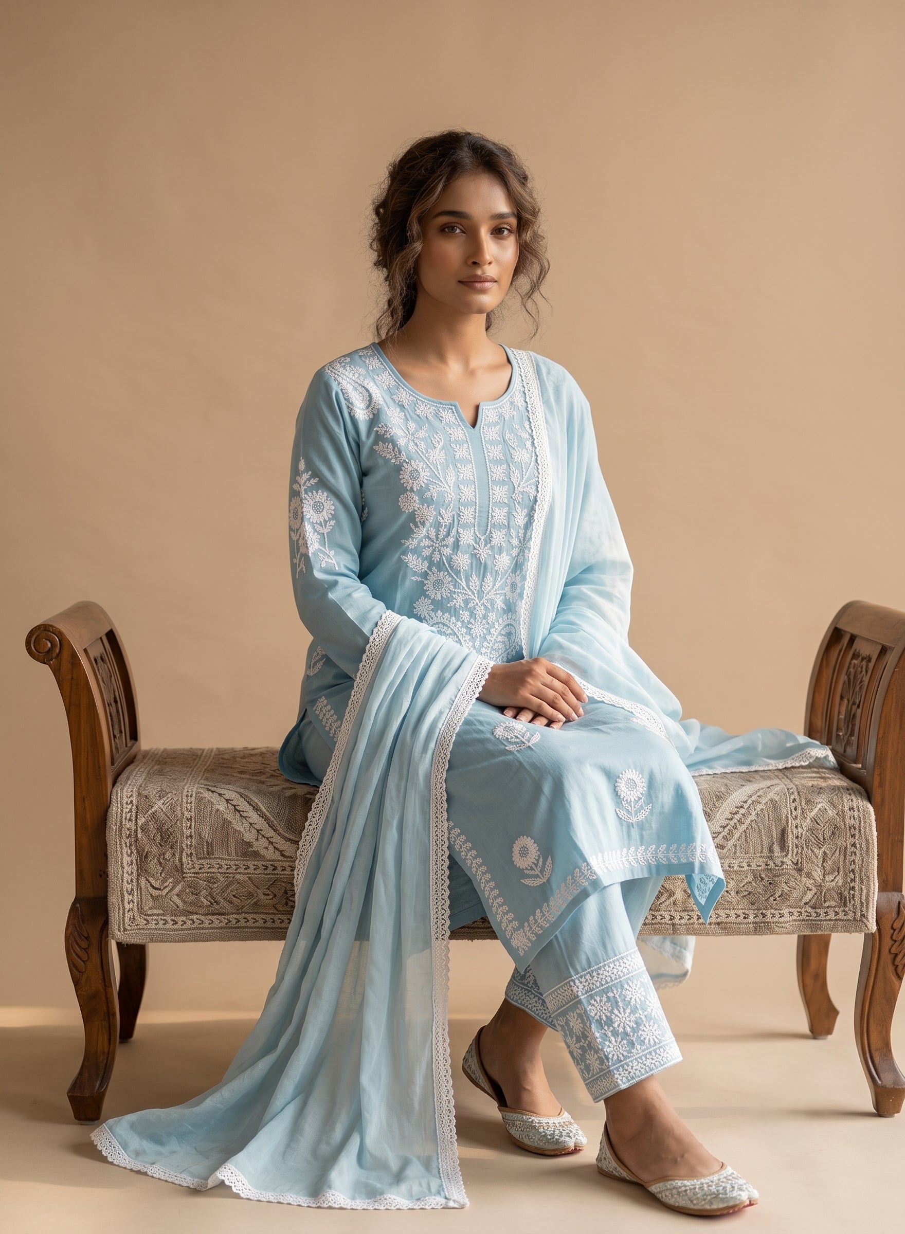 Dusty Aqua Cotton Suit with Dupatta-Set of 3