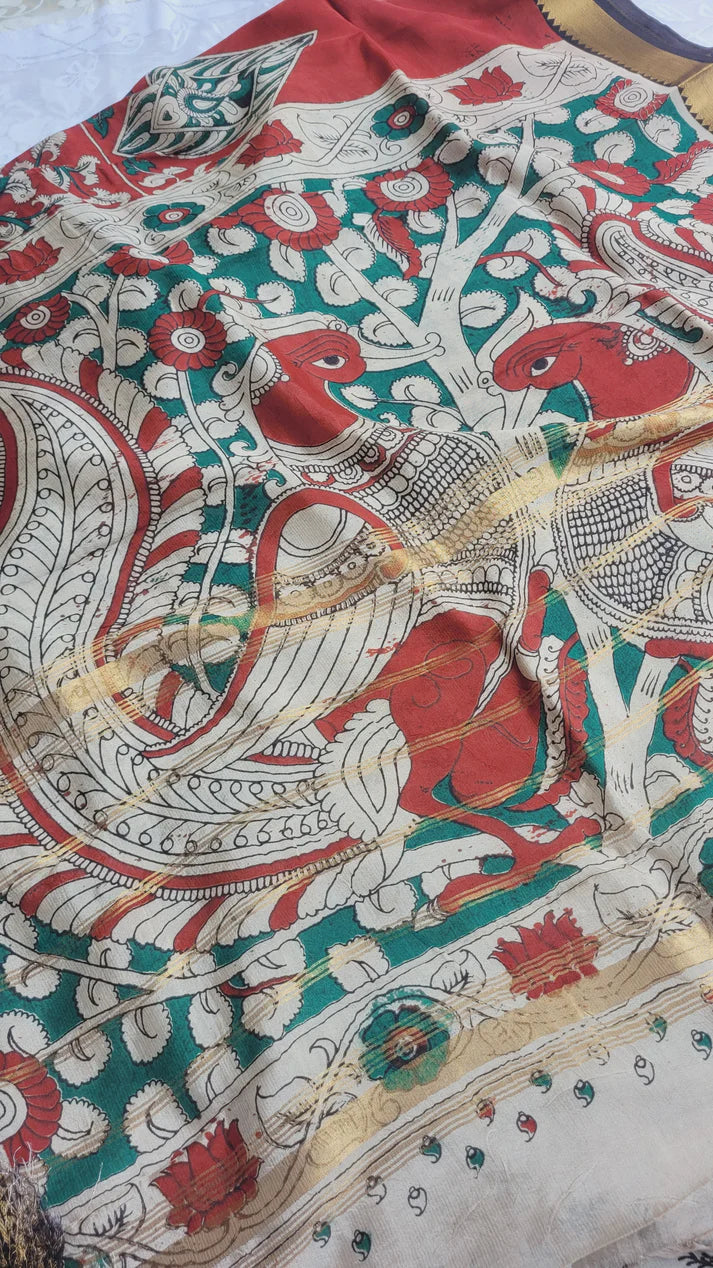 Red & Green Kanchi Border Kalamkari Screen Printed Chennur Silk saree - Ramani