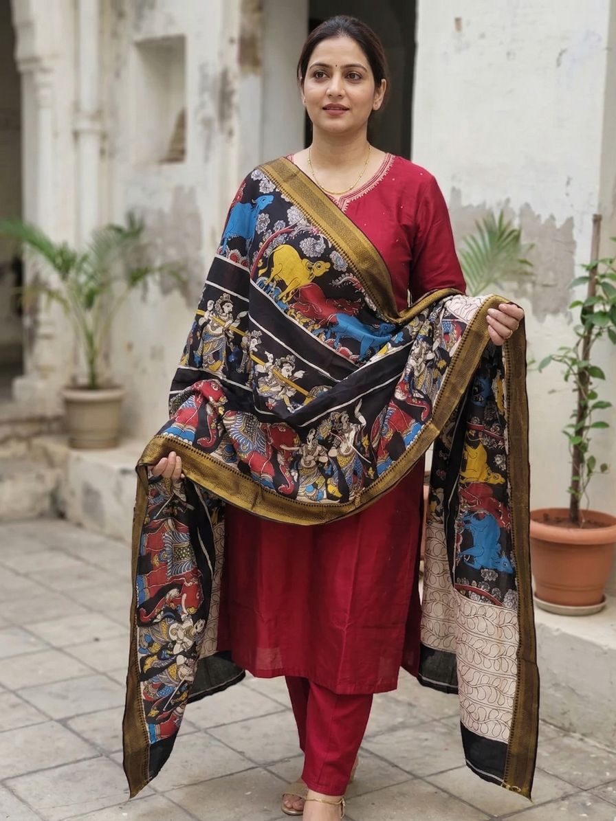 Kalamkari Chennur Silk Dupatta - Katha Red