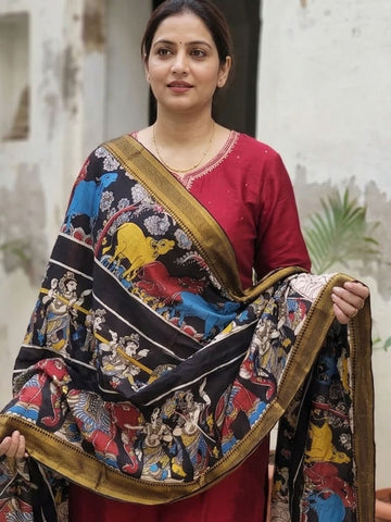 Kalamkari Chennur Silk Dupatta - Katha Red