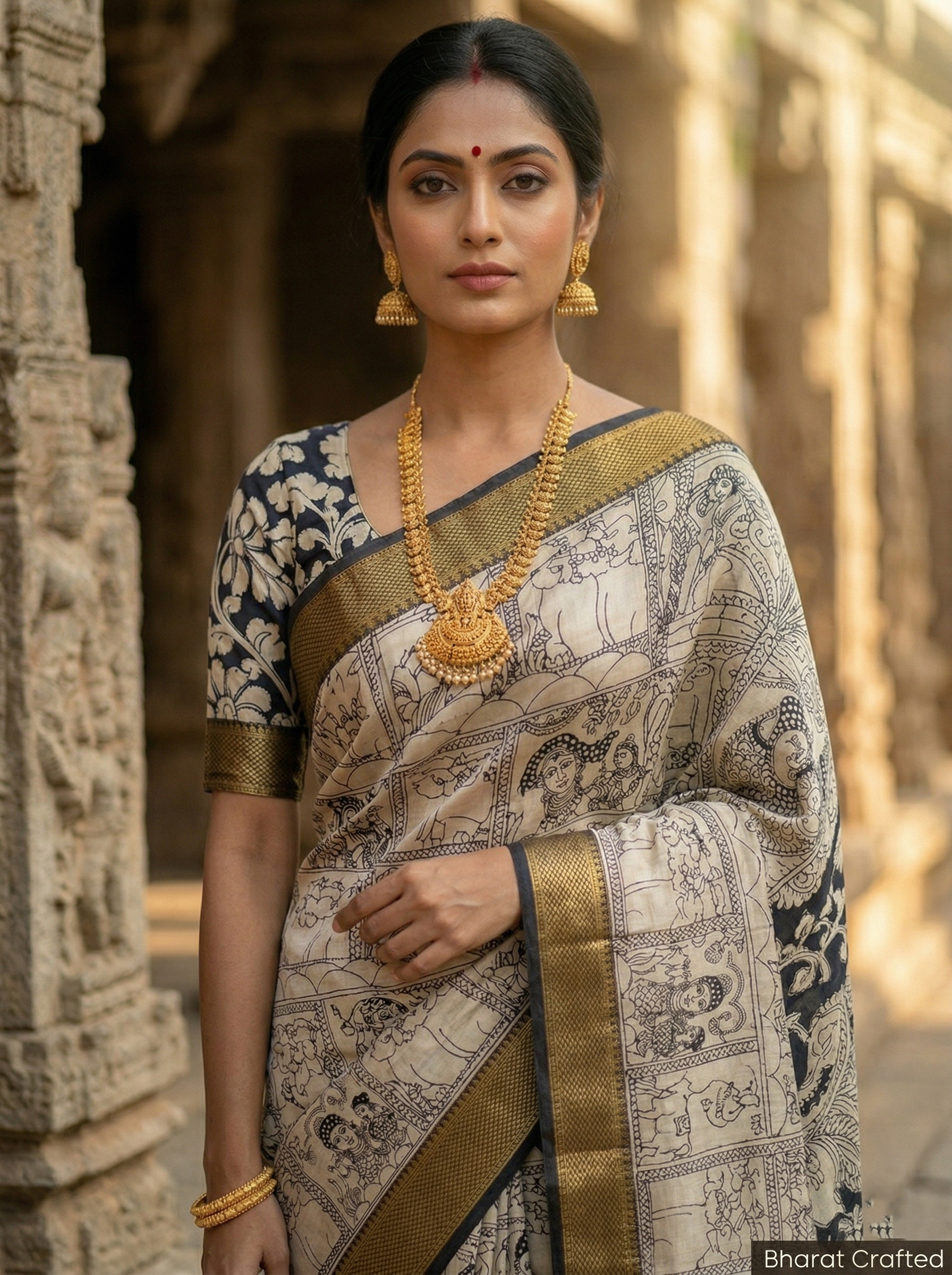 Kalamkari Mangalagiri silk Kanchi border saree- Krishna Leela