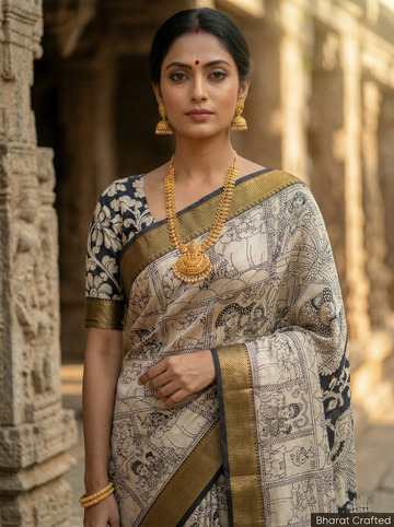 Kalamkari Mangalagiri silk Kanchi border saree- Krishna Leela