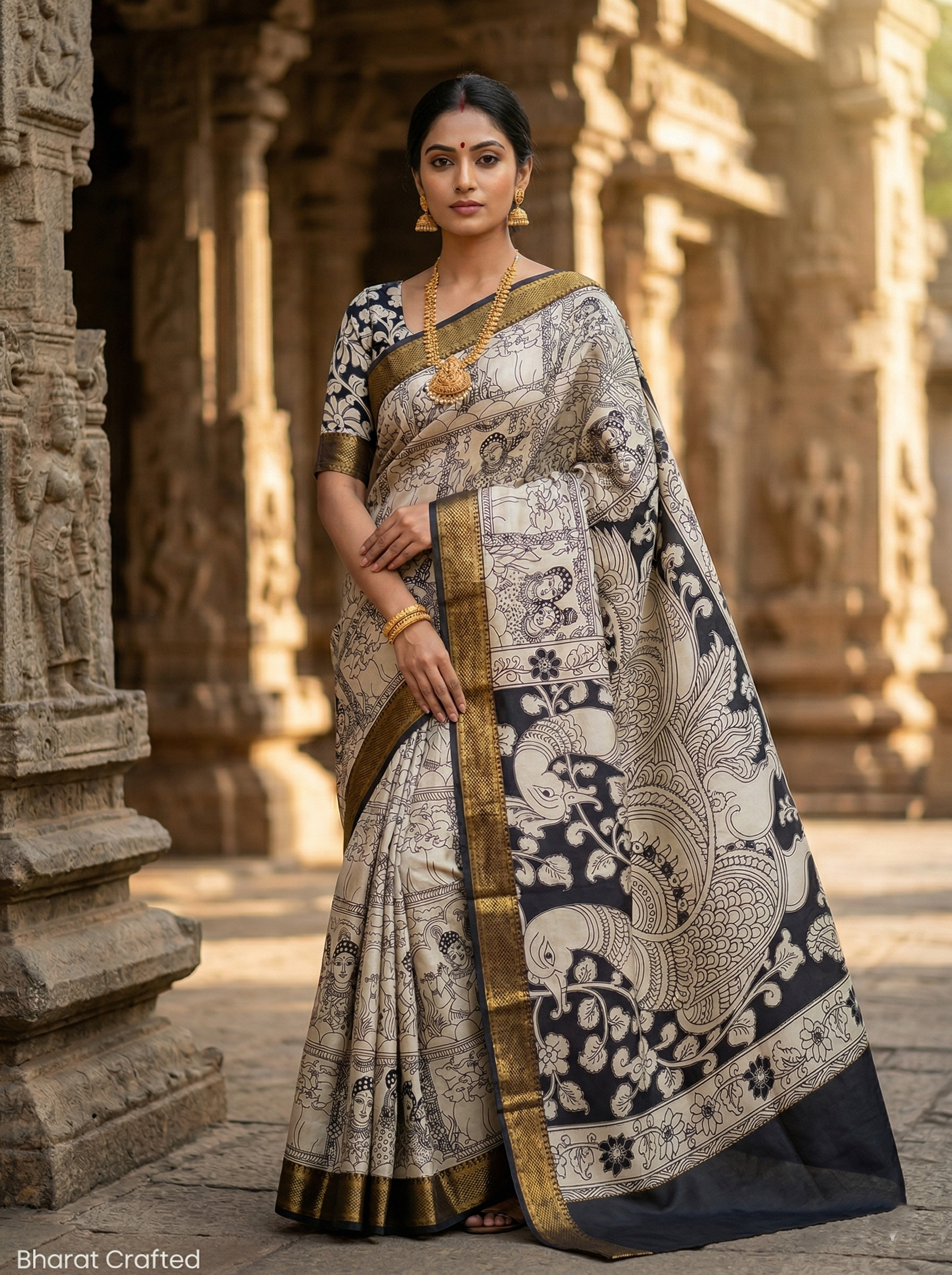 Kalamkari Mangalagiri silk Kanchi border saree- Krishna Leela