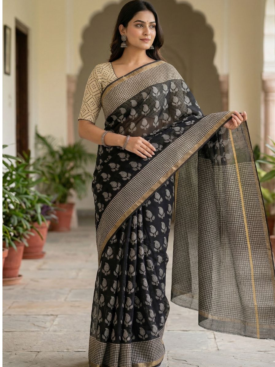 Blockprinted Kota cotton saree