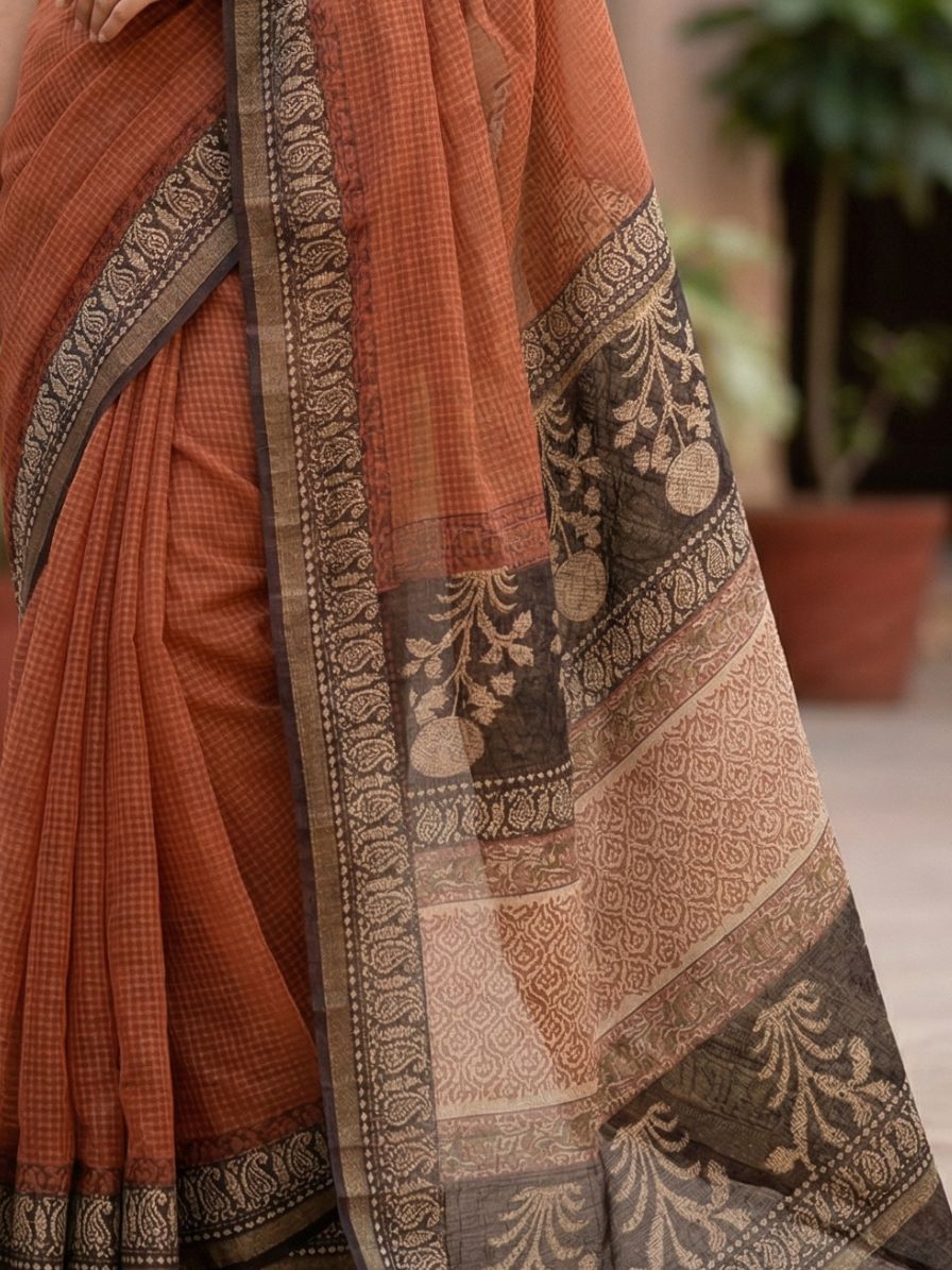 Blockprinted Kota cotton saree - brick red