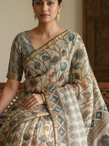 Blockprinted Kota cotton saree - Kalamkari