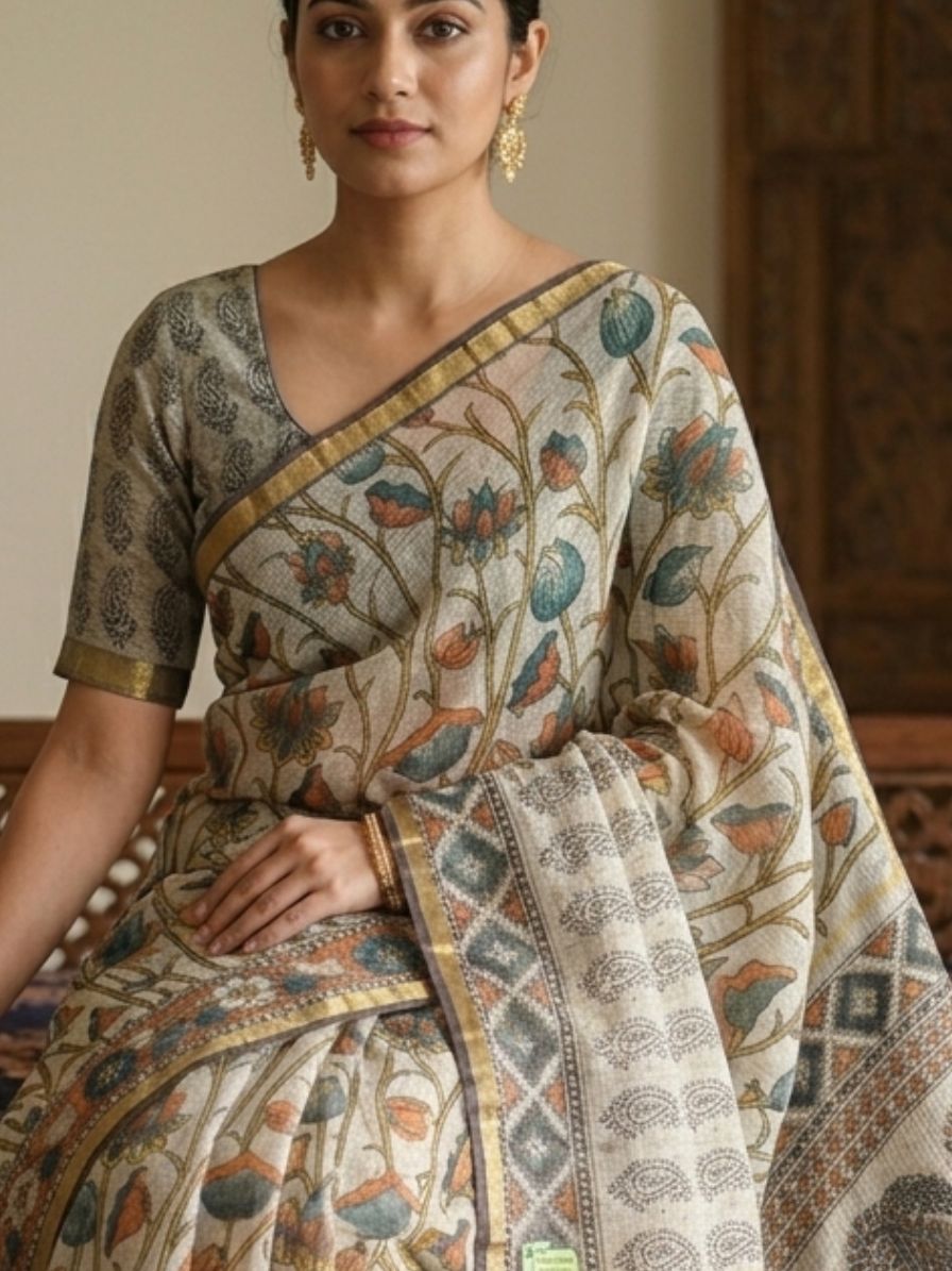 Blockprinted Kota cotton saree - Kalamkari