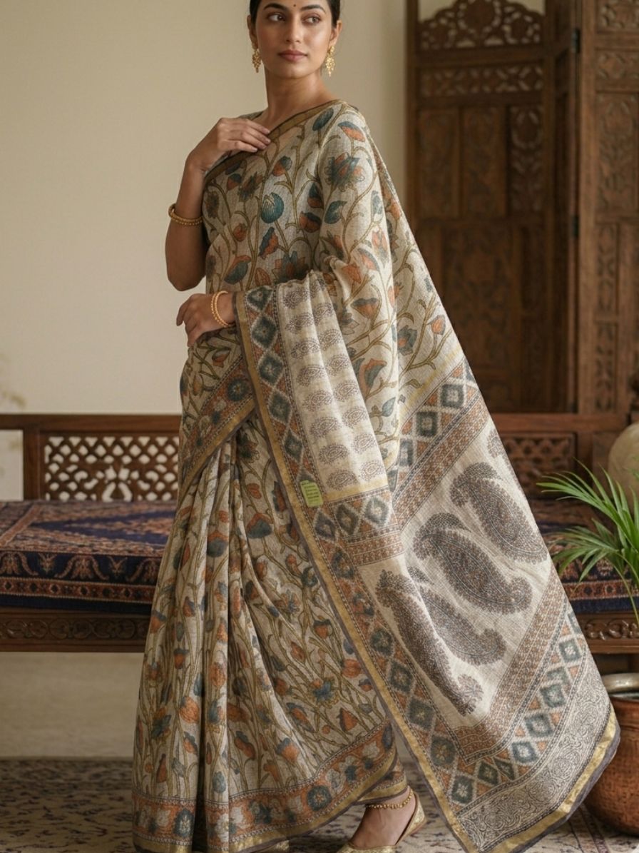 Blockprinted Kota cotton saree - Kalamkari