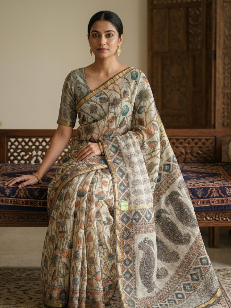 Blockprinted Kota cotton saree - Kalamkari