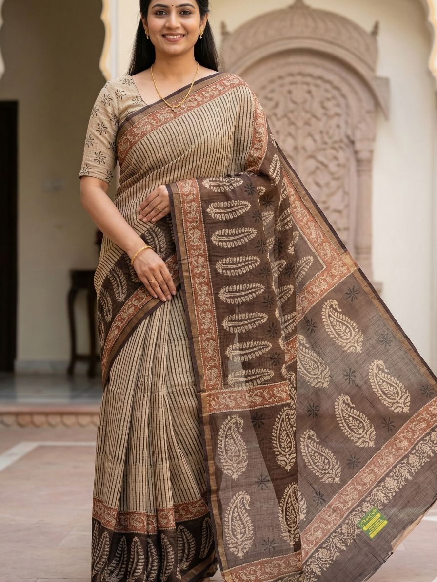 Blockprinted Kota cotton saree - Ajrakh Stripe