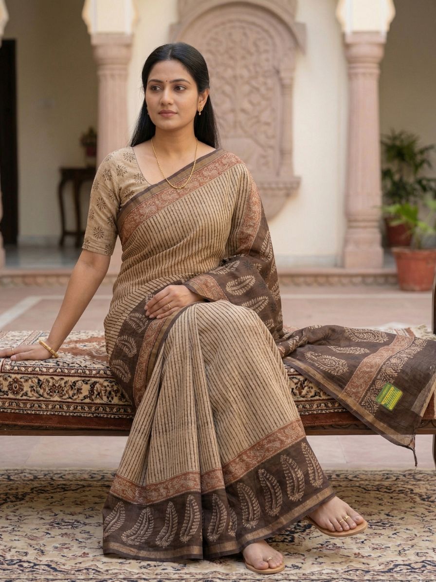 Blockprinted Kota cotton saree - Ajrakh Stripe