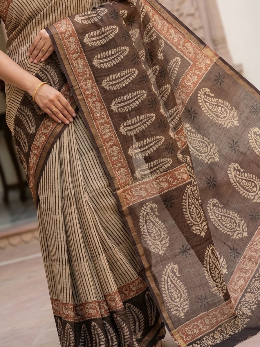 Blockprinted Kota cotton saree - Ajrakh Stripe