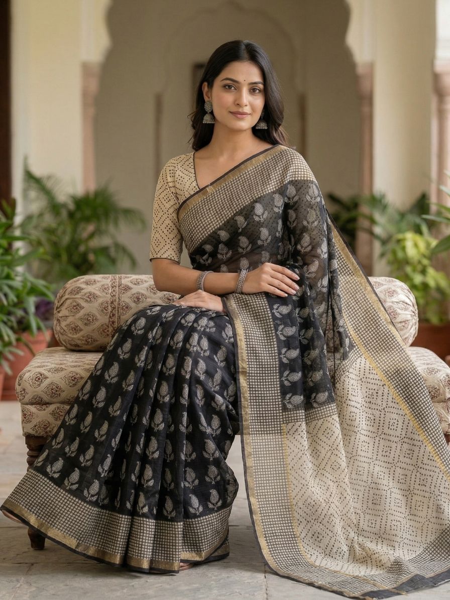 Blockprinted Kota cotton saree