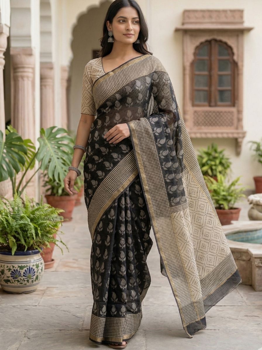 Blockprinted Kota cotton saree