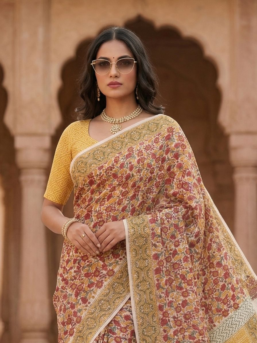 Blockprinted Kota cotton saree