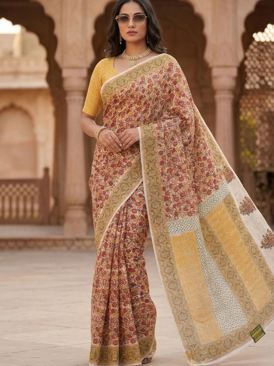 Blockprinted Kota cotton saree