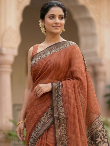 Blockprinted Kota cotton saree - brick red