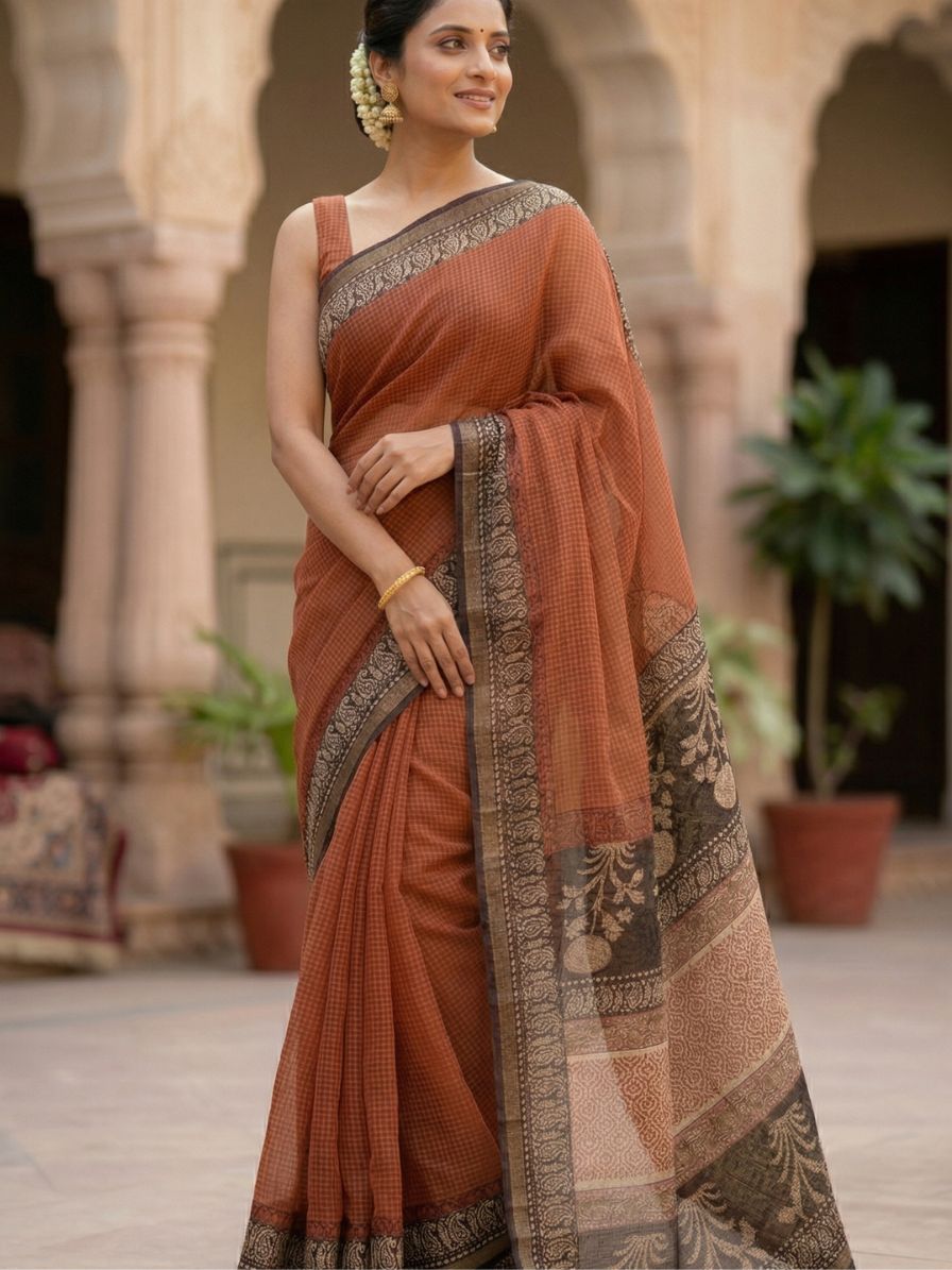 Blockprinted Kota cotton saree - brick red