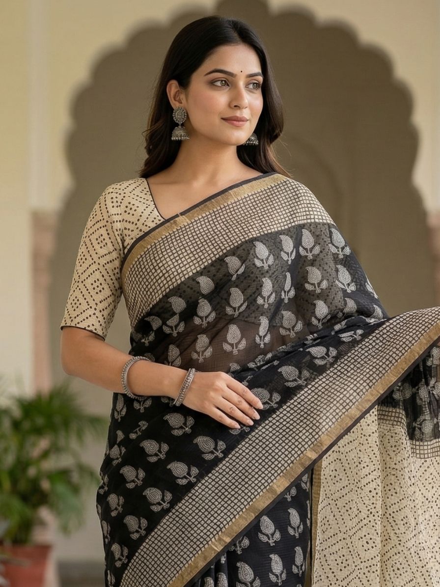 Blockprinted Kota cotton saree