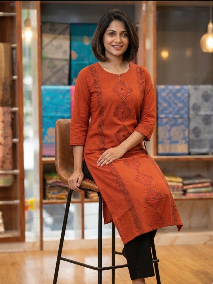 Rust orange Block printed Cotton Kurta
