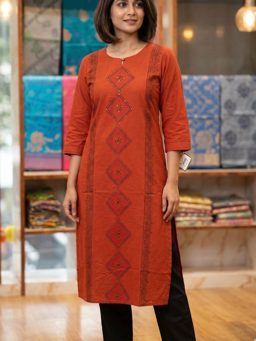 Rust orange Block printed Cotton Kurta